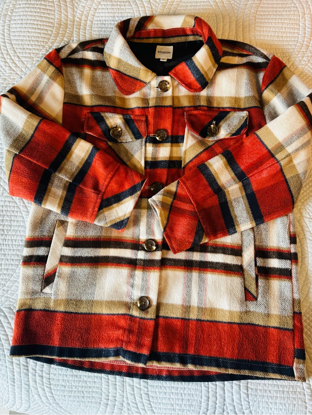 Kensie Orange, Navy, Tan & Cream Plaid Jean Jacket